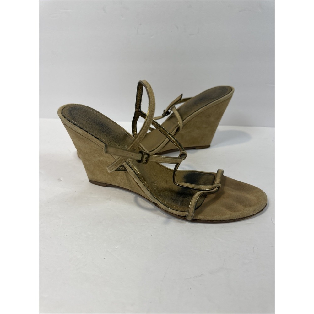 J Crew Brown Tan Leather Suede Strappy Wedge Heels Made In Italy Women's 8.5